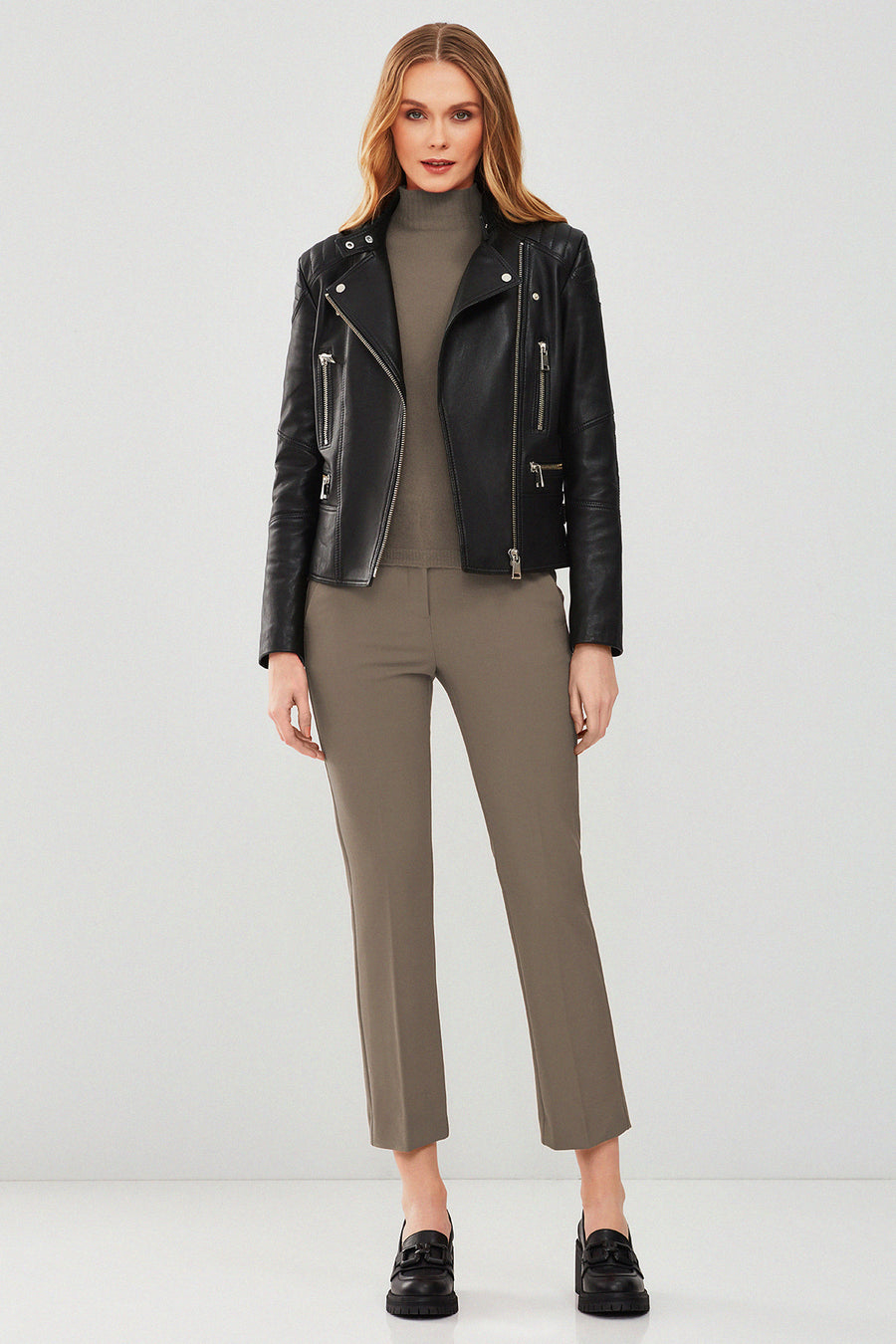 Giselle Kadın Siyah Slim-Fit Biker Deri Ceket