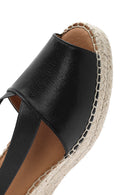 Kadın Siyah Dolgu Topuklu Deri Espadril Sandalet | Derimod