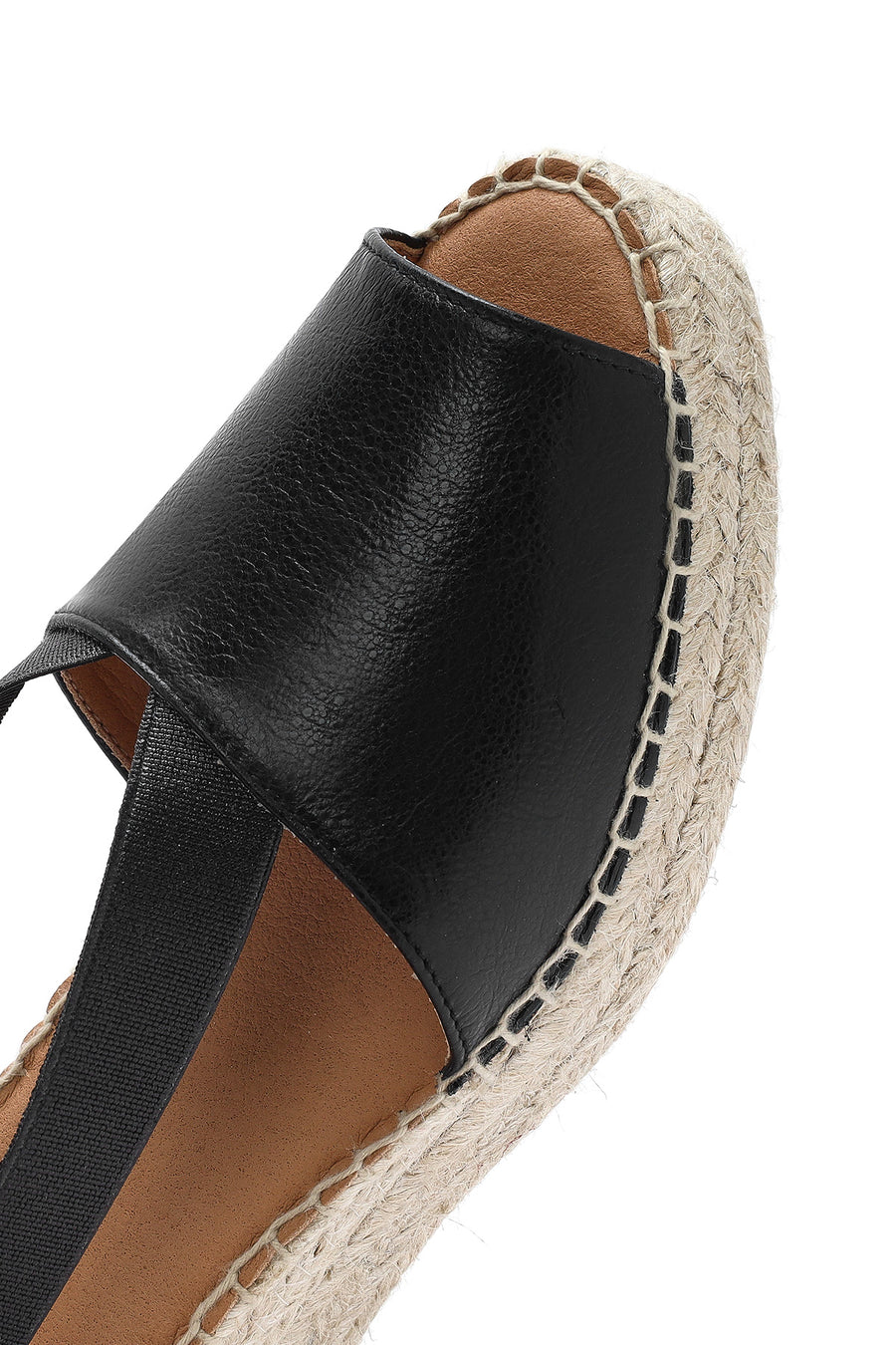 Women's Black Wedge Heeled Leather Espadrille Sandals
