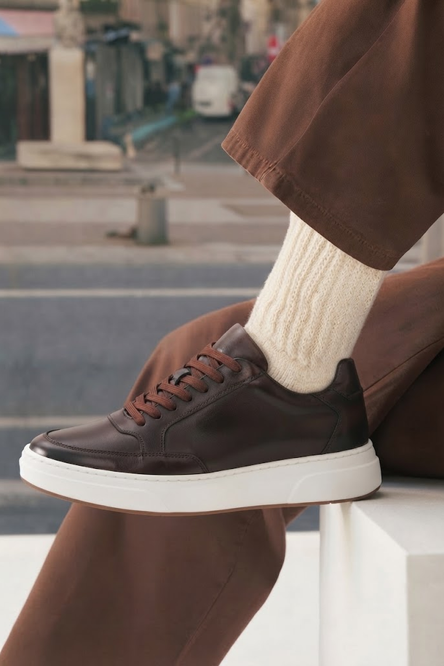 Erkek Kahverengi Bağcıklı Deri Sneaker