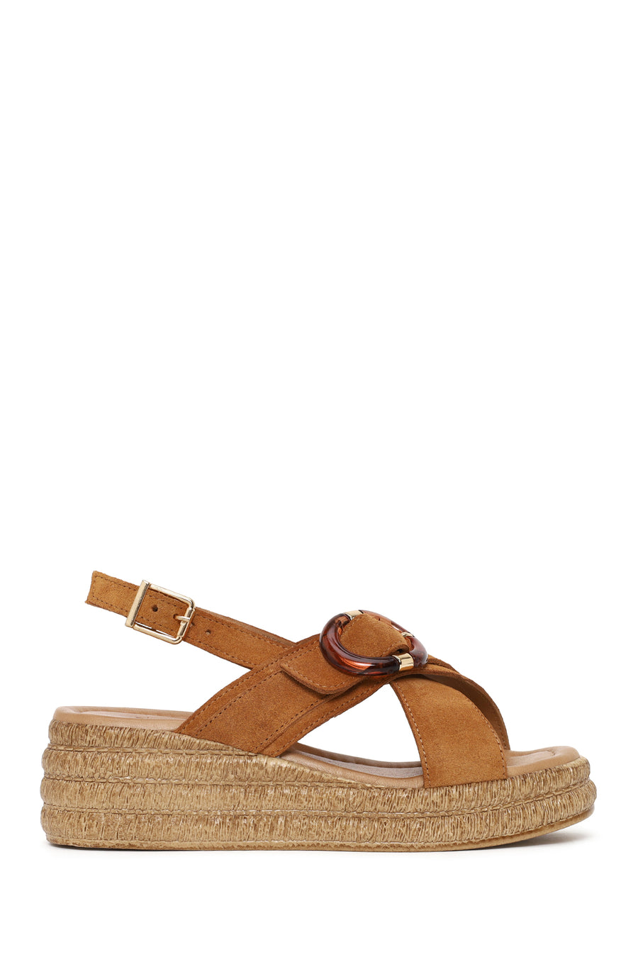 Woman Tan Buckled Wedge-Heel Suede Sandal 26SFD362010 | Derimod
