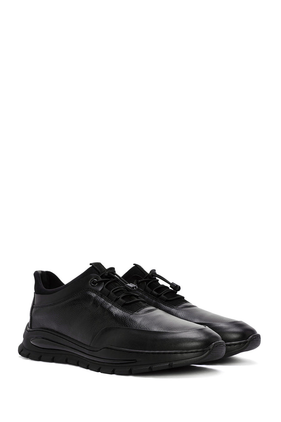 Erkek Siyah Bağcıklı Deri Casual Sneaker