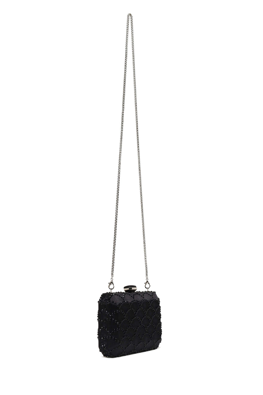 Woman Black Long Chain Strap Embellished Mini Clutch Evening Bag