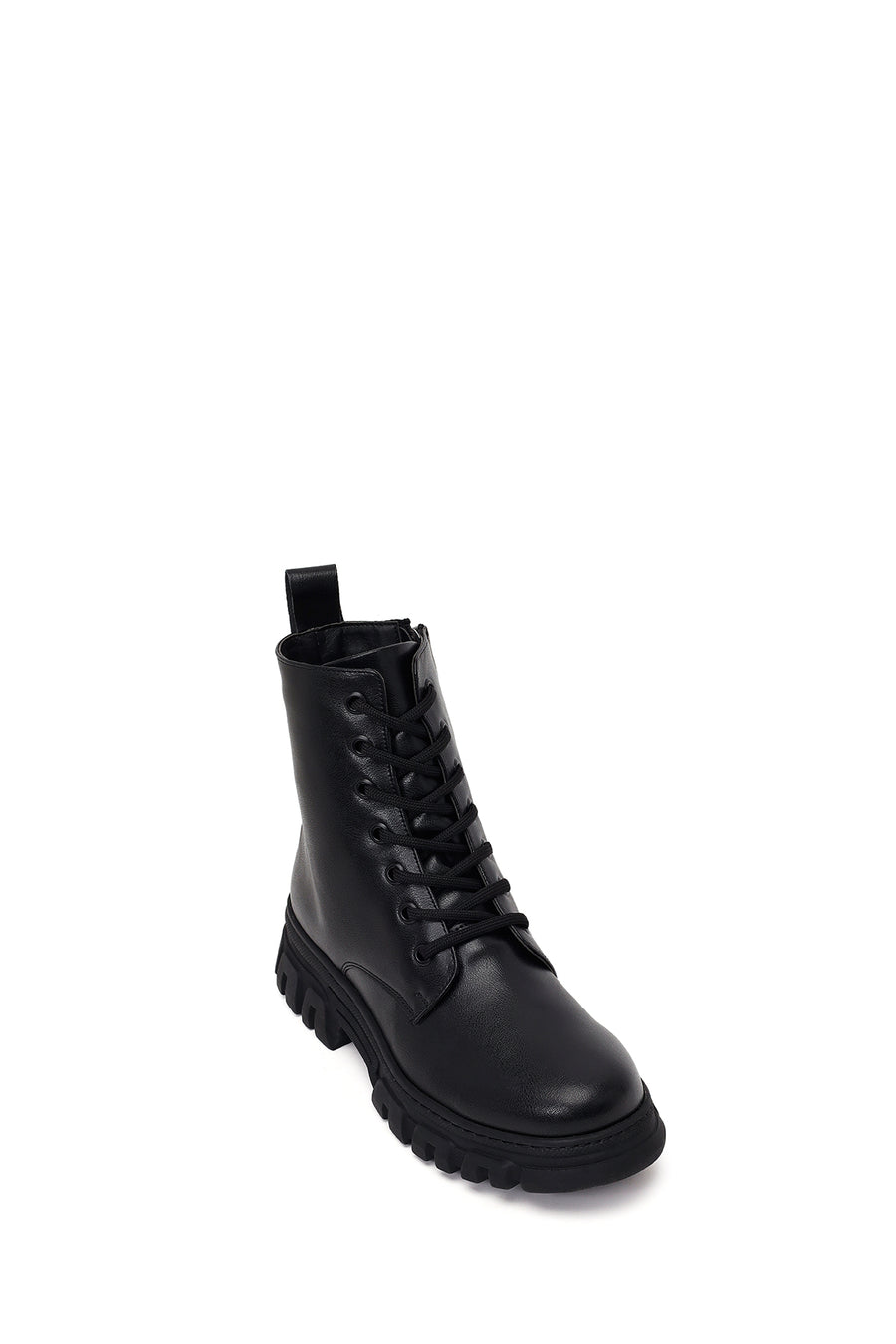 Woman Black Lace-up Zip Closure Thick-soled Combat Boots