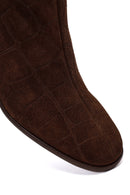 Woman Brown Zip Closure Printed Thick-Heeled Suede Boots | Derimod