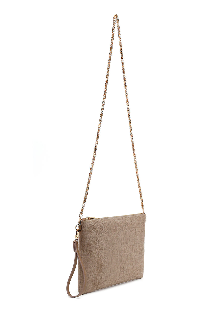 Woman Beige Chain Strap Printed Suede Clutch Bag