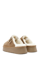 Women's Camel Thick-Soled Fur Detailed Suede Leather Slippers | Derimod