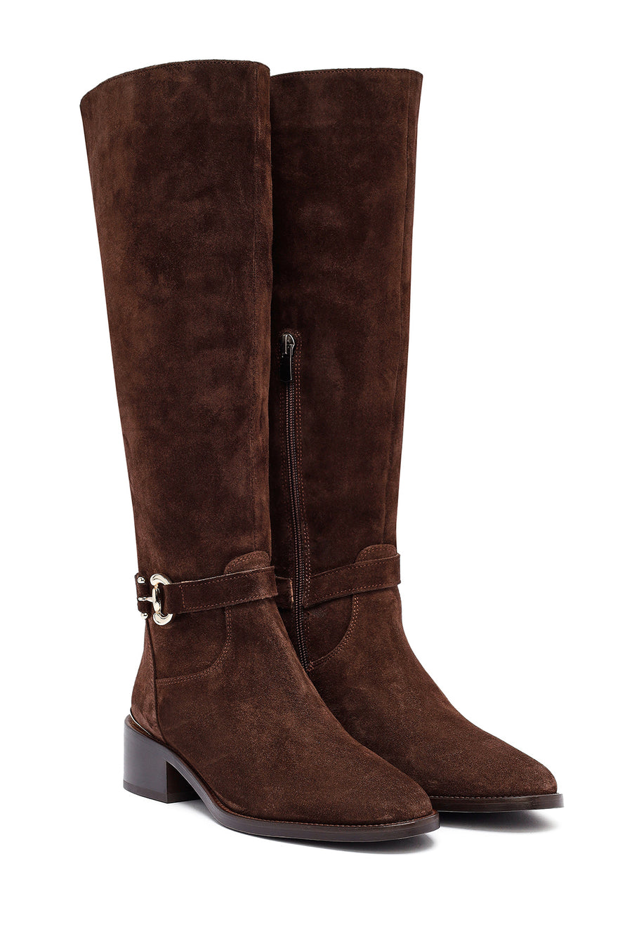 Woman Brown Zippered Low Heel Suede Leather Boot