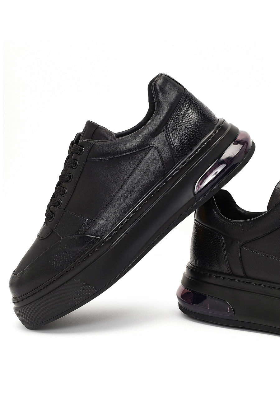 Men's Black Lace-Up Thick-Soled Leather Sneaker
