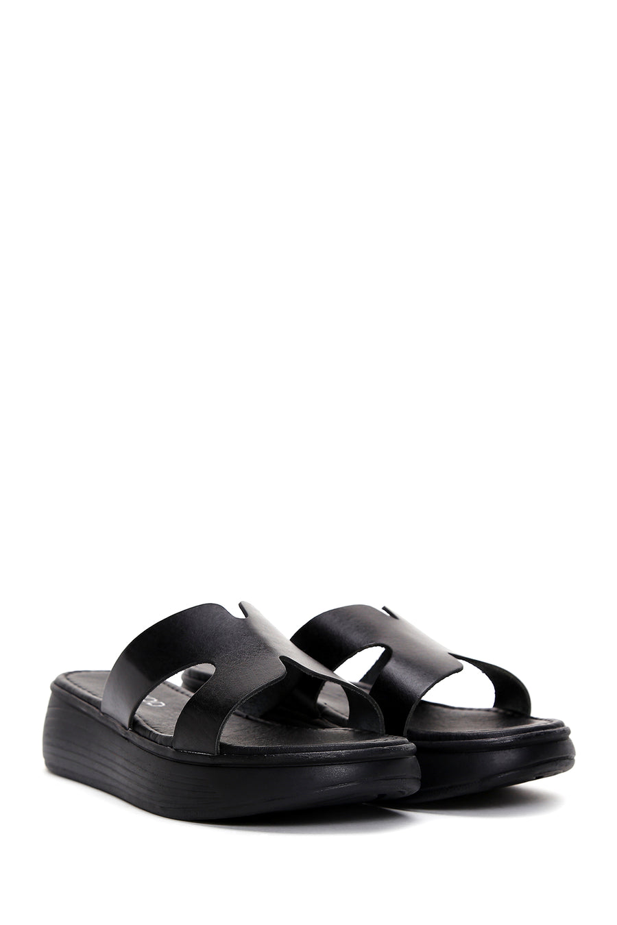 Women's Black Thick Soled Leather Slippers