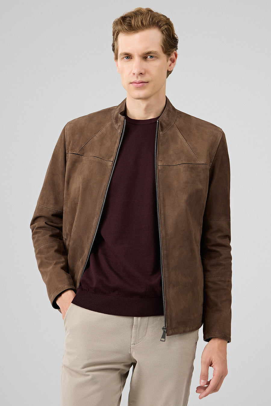Neymar Men's Chestnut Man Collar Slim-Fit Suede Leather Jacket
