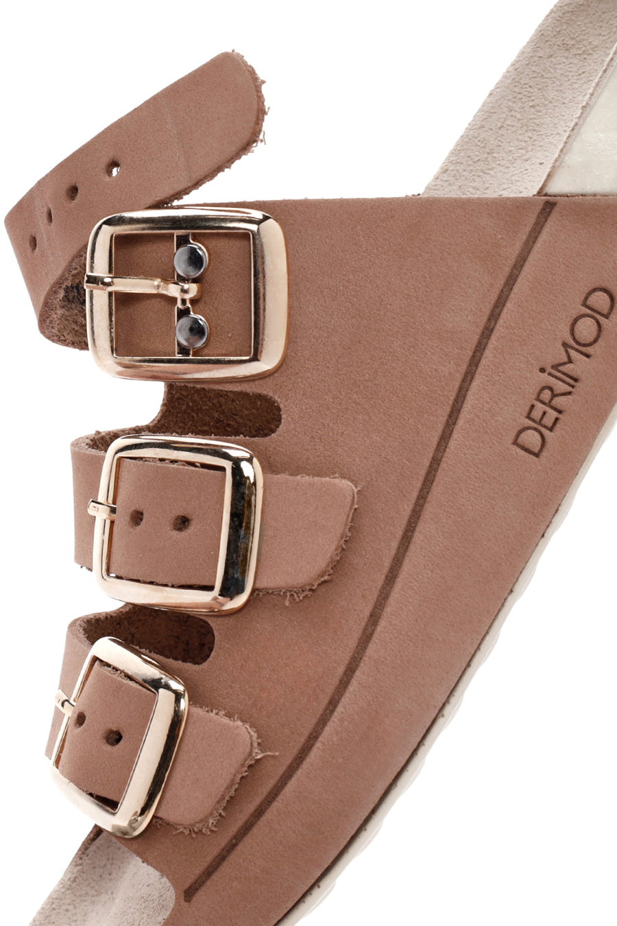 Women's Beige Buckled Nubuck Leather Comfort Slippers
