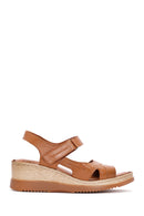 Women's Tan Thick Soled Leather Comfort Sandals with Ankle Strap | Derimod