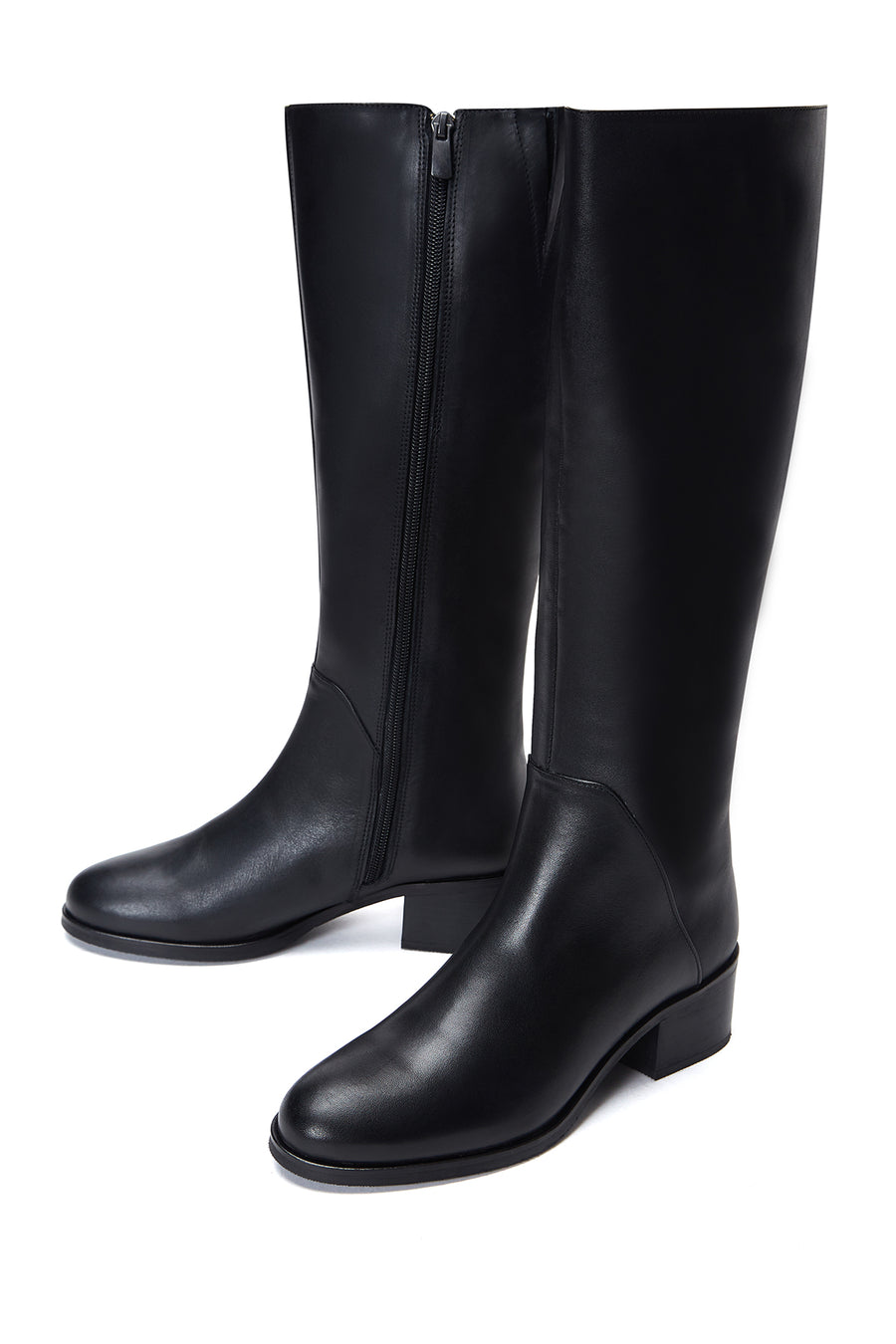 Women's Black Leather Zippered Heeled Boots