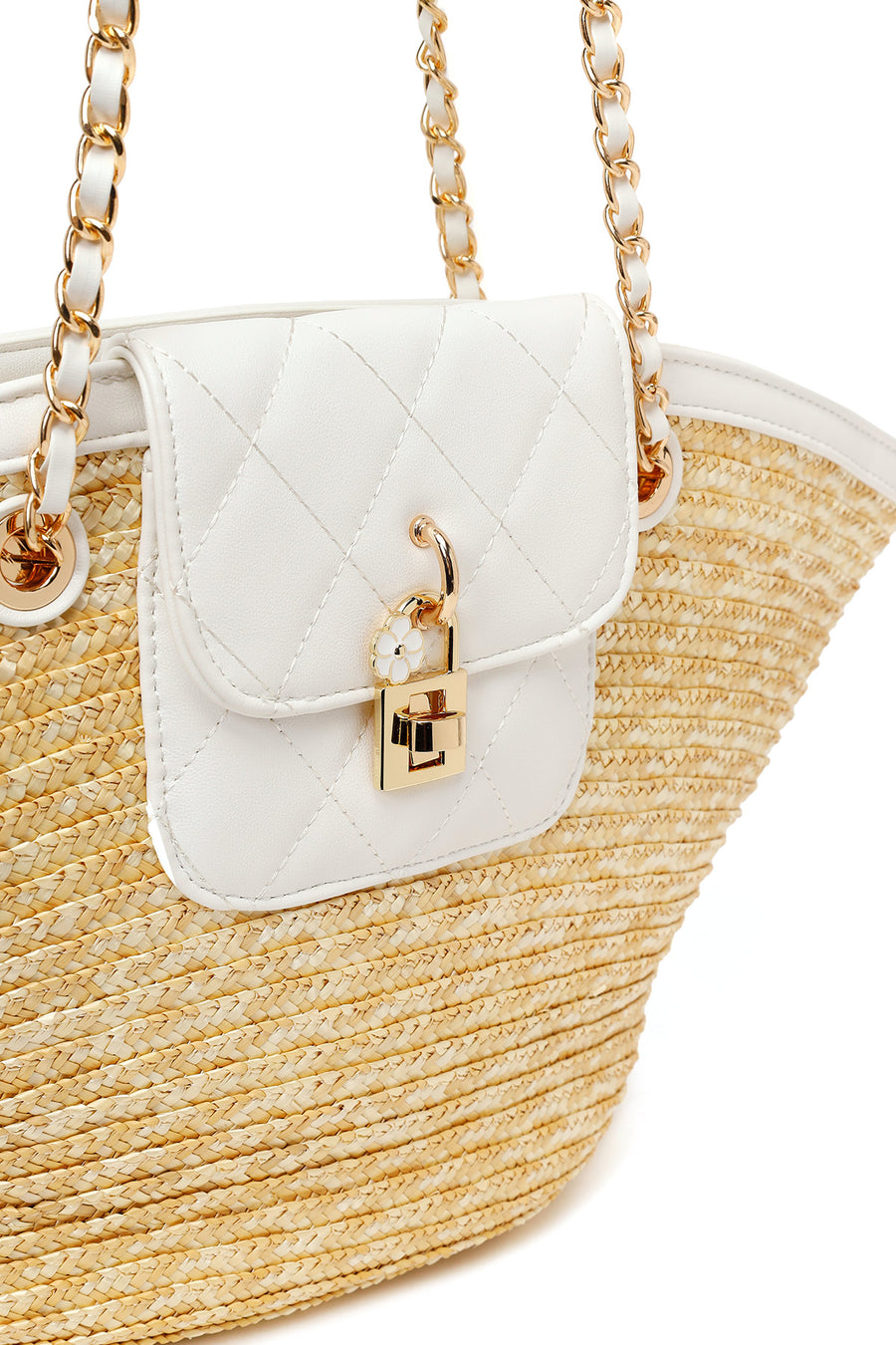 Woman Beige Chain Strap Wicker Shoulder Bag