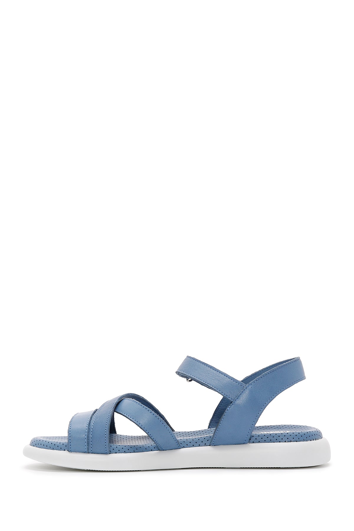 Kadın Mavi Bilekten Bantlı Deri Comfort Sandalet