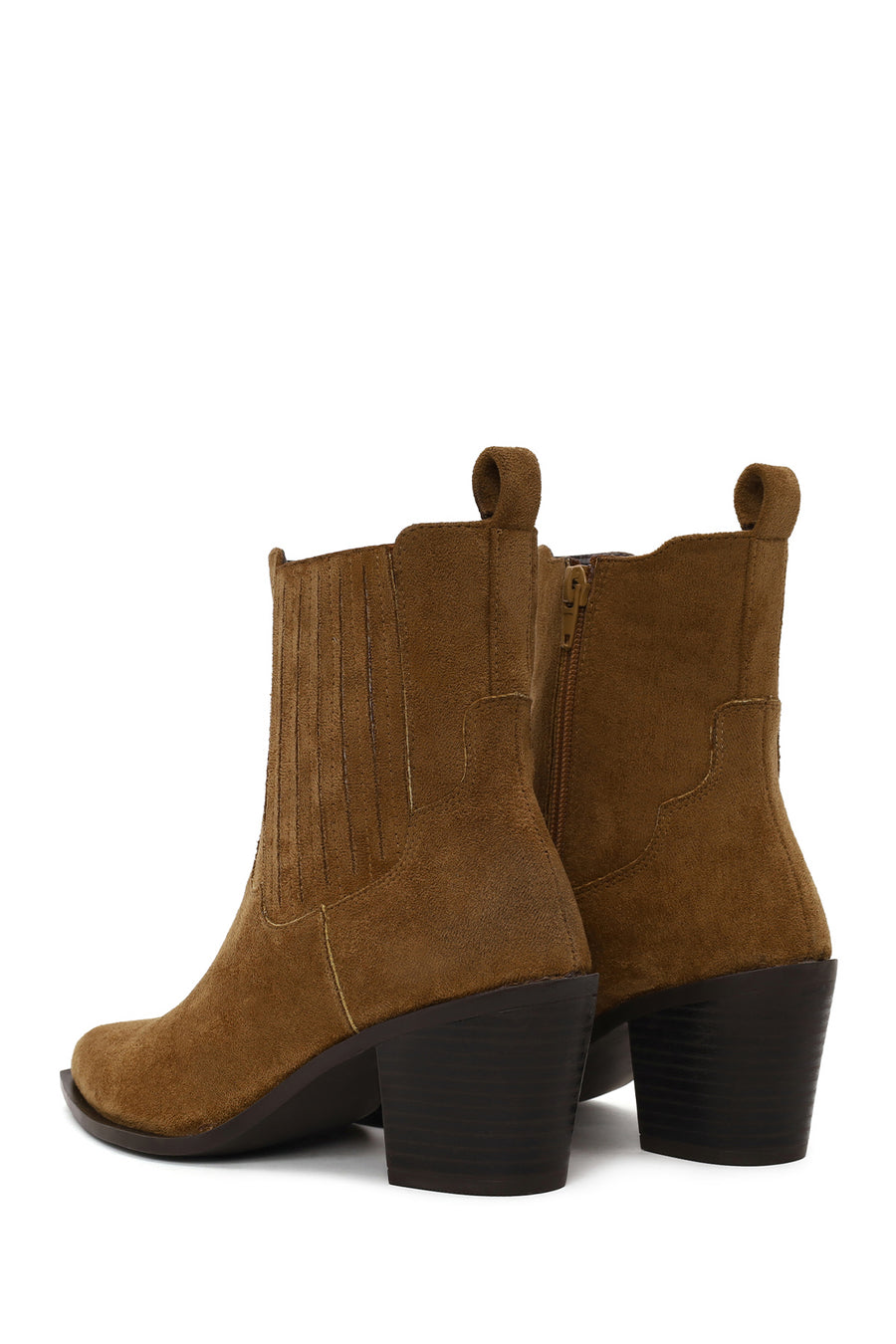 Woman Tan Zip Closure Chunky Heeled Suede Boots