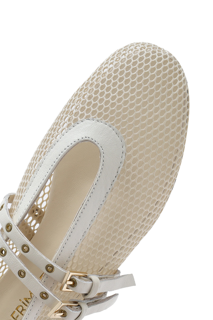Women's Beige Buckled Mesh Fabric Ballerinas
