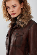 Anais Women's Brown Fur Collar Blazer Leather Jacket | Derimod