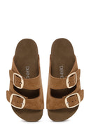 Women's Tan Suede Leather Double Buckle Flat Slippers | Derimod