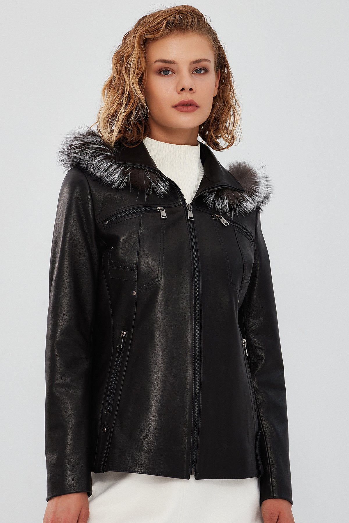 Audrey Women's Black Hooded Fur Leather Coat 23WGD5120VE | Derimod