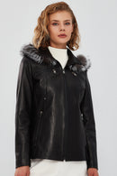 Audrey Women's Black Hooded Fur Leather Coat | Derimod