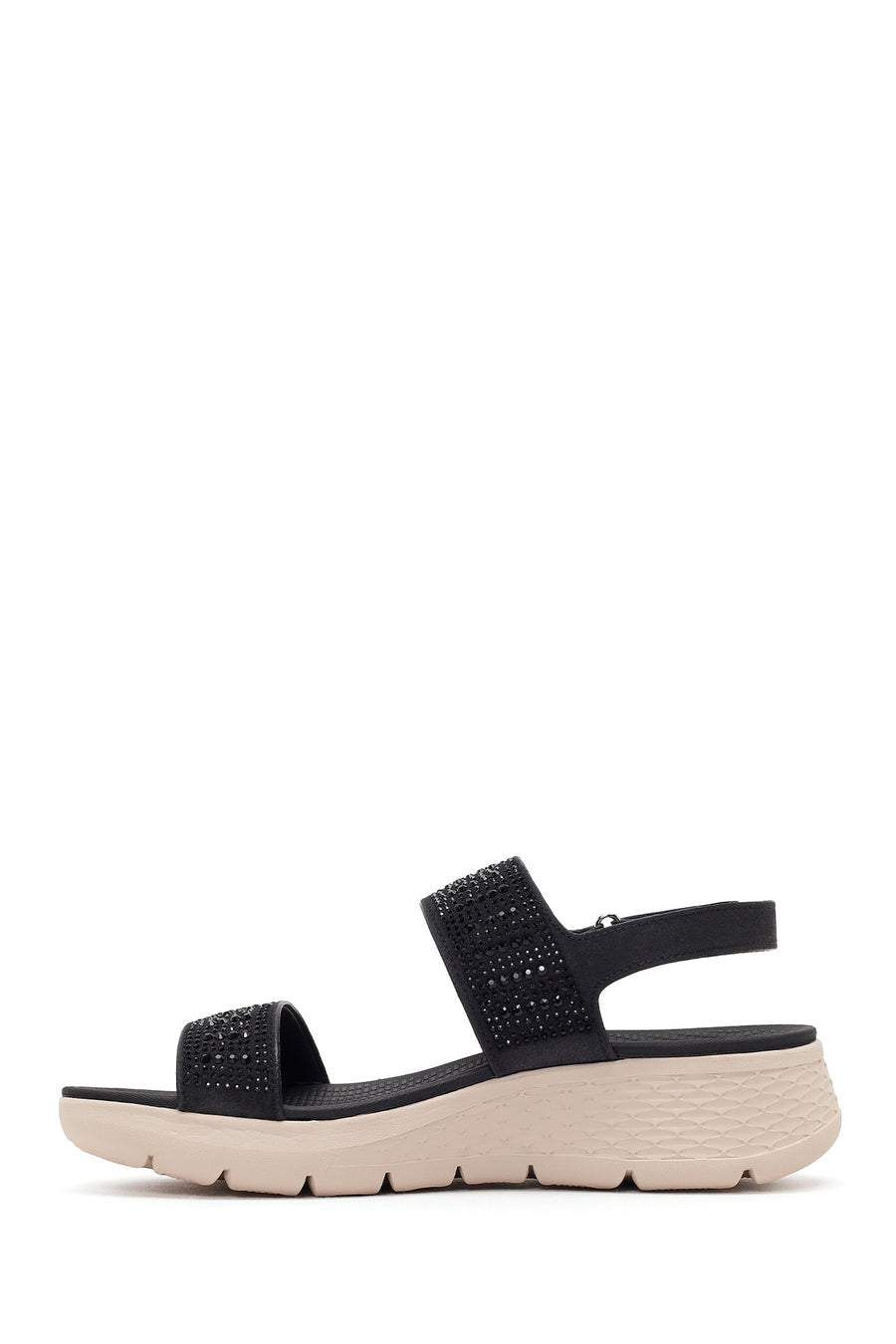 Women's Black Chunky Sole Embellished Fabric Comfort Sandals