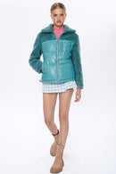 Miami Women's Green Plush Puffer Leather Jacket | Derimod