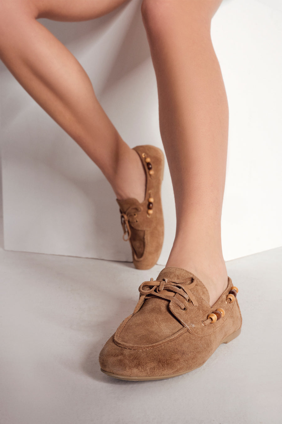 Women's Tan Suede Leather Loafer with Accessory Details