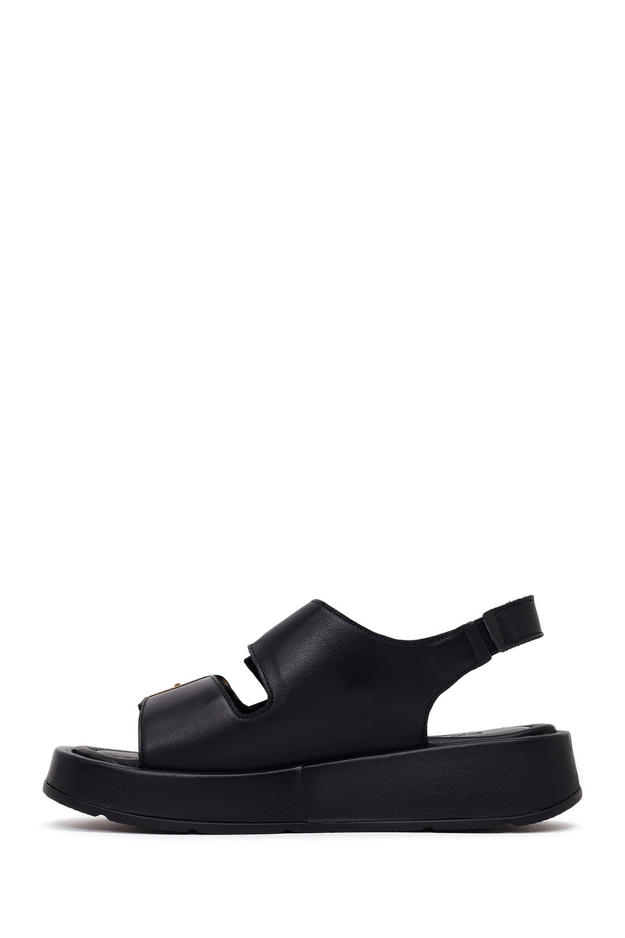 Woman Black Double-Buckle Thick-Soled Leather Comfort Sandals