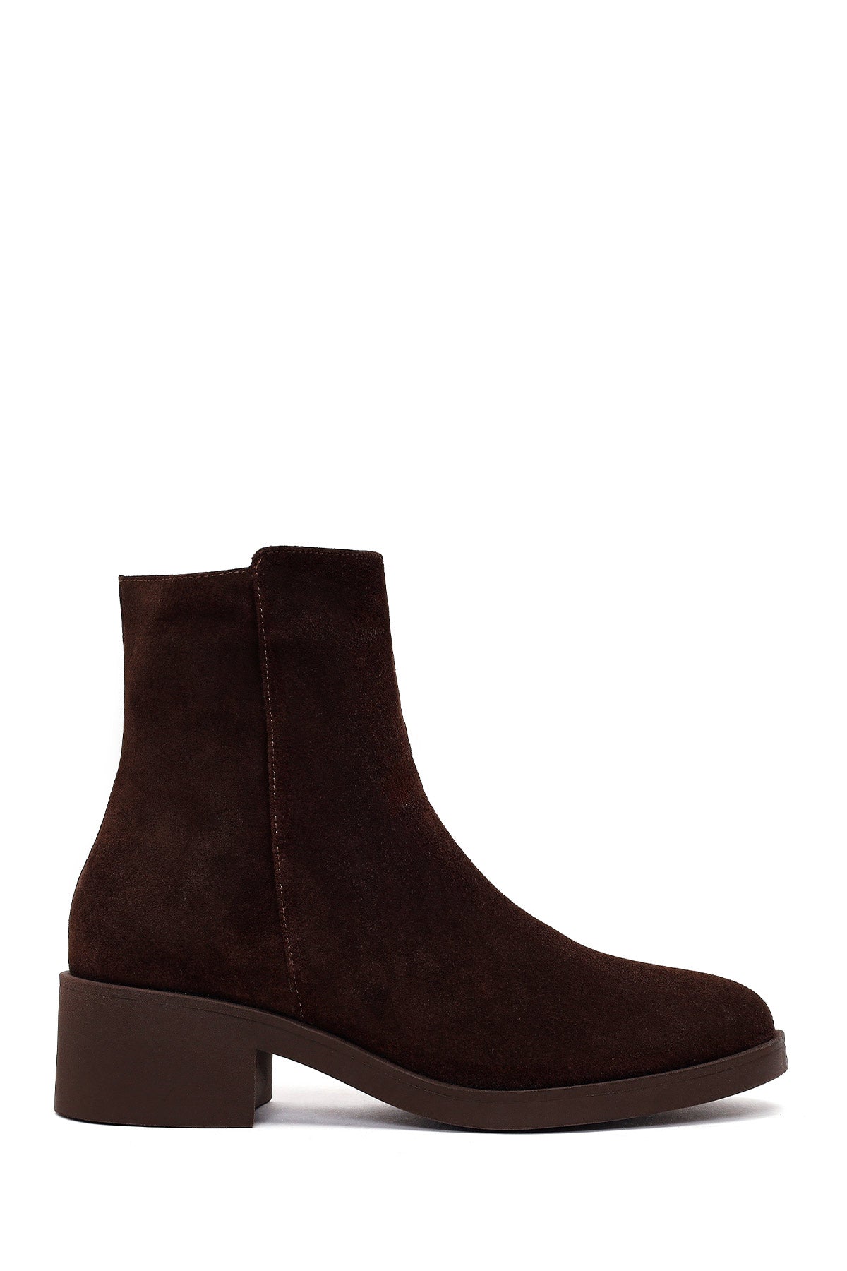 Woman Brown Zip Closure Chunky Heeled Suede Boots WF220008DS | Derimod