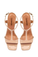 Women's Beige Ankle Buckle High Heel Patent Leather Sandals | Derimod