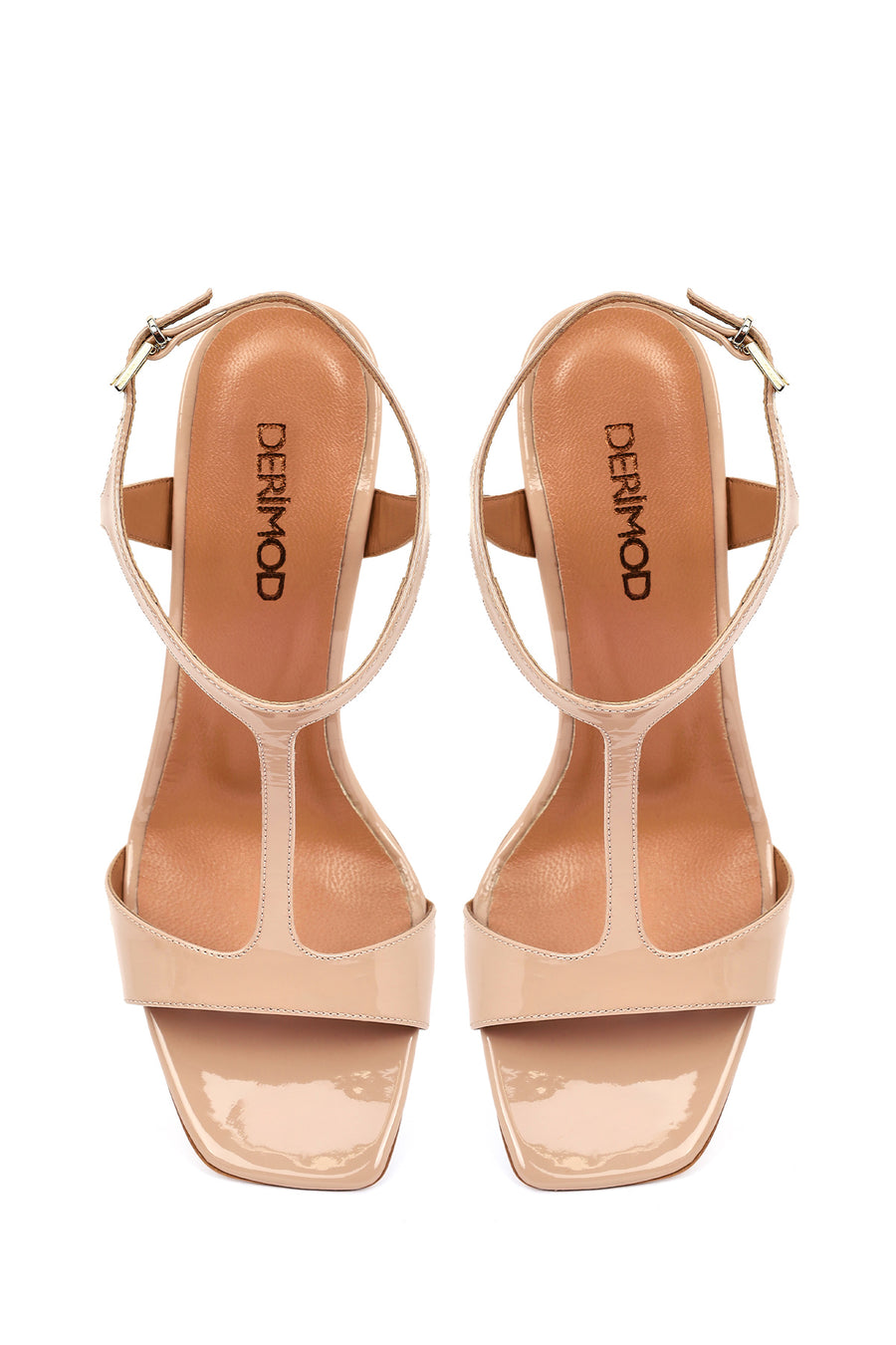 Women's Beige Ankle Buckle High Heel Patent Leather Sandals