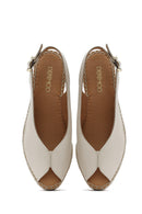 Women's Cream Ankle Buckle Wedge Heel Leather Espadrille Sandals | Derimod