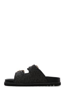 Women's Black Double Buckle Straw Slippers | Derimod