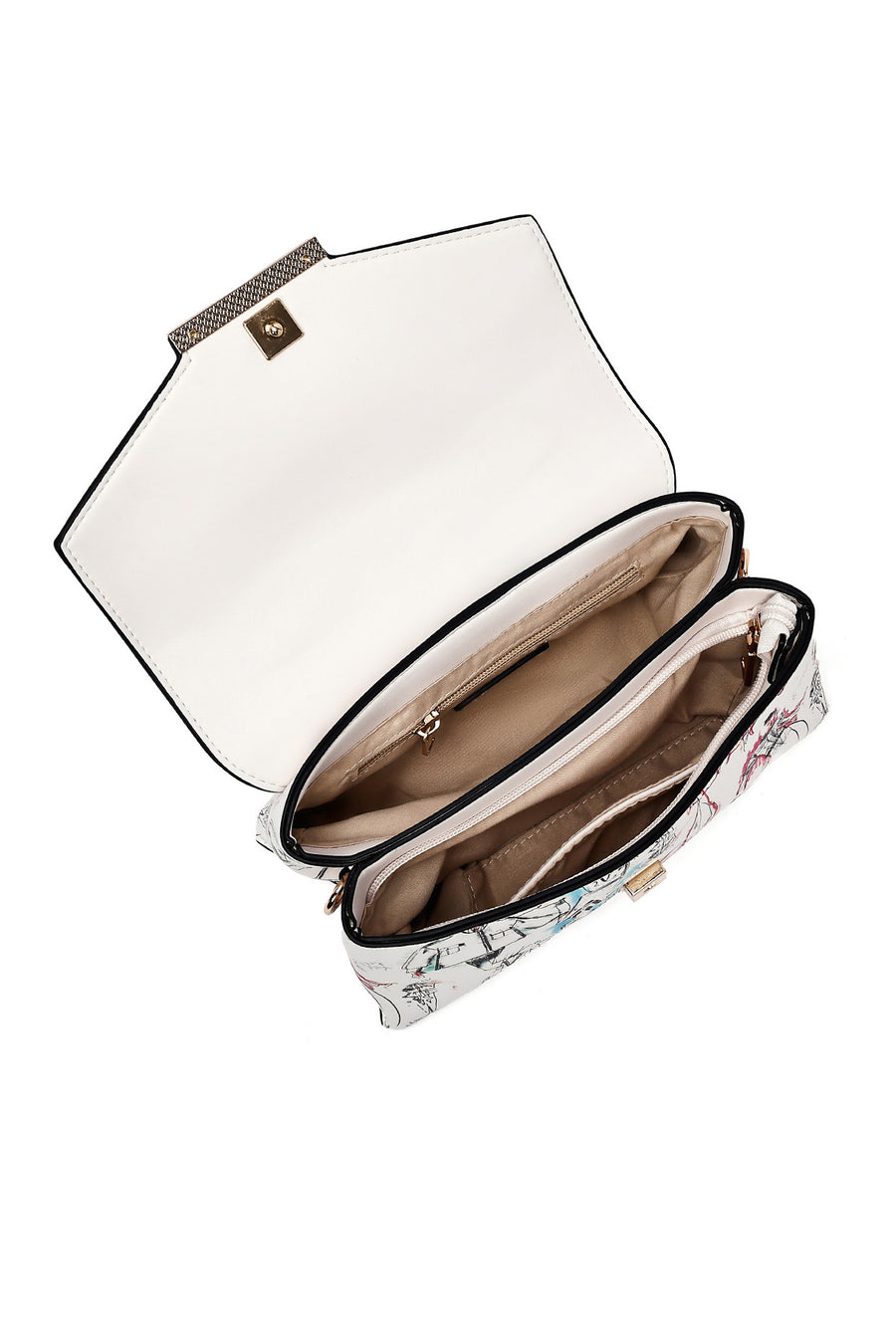 Woman Cream Long Strap Printed Handbag