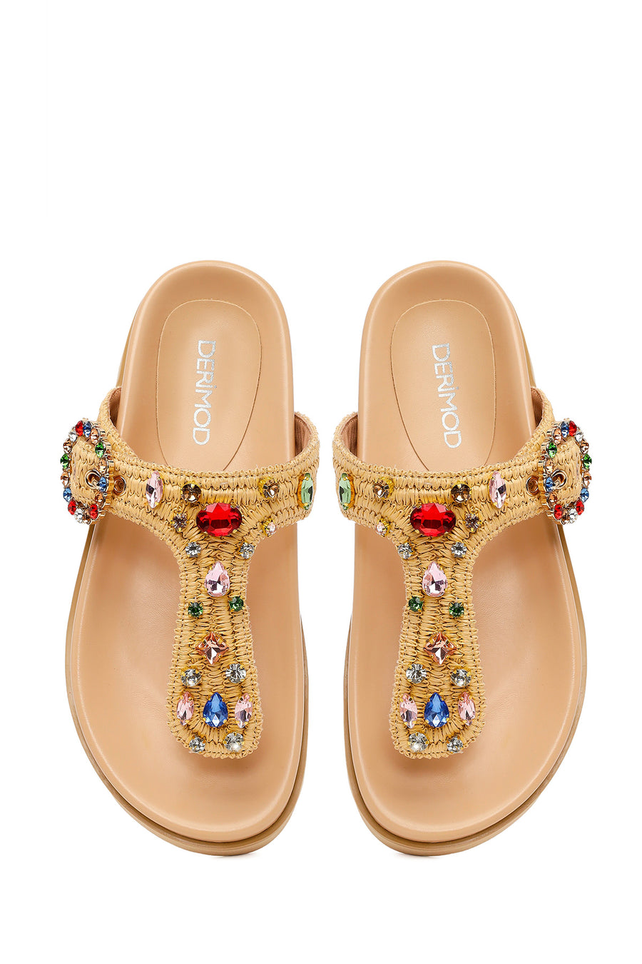 Woman Beige Embellished Straw Flip-Flops