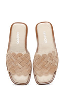 Women's Beige Knit Leather Slippers | Derimod