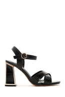 Women's Black Ankle Strap Crocodile Patterned Heeled Sandals | Derimod