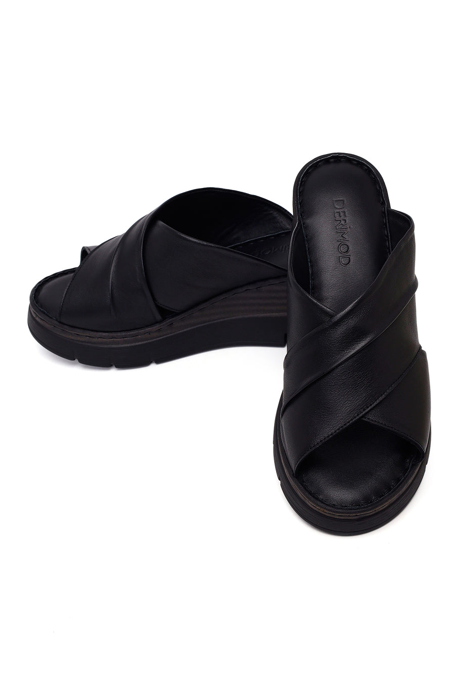 Woman Black Wedge Leather Comfort Slippers