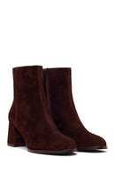 Woman Brown Zip Closure Chunky Heeled Suede Boots | Derimod