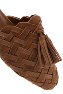 Women's Tan Suede Leather Knitted Flat Slippers | Derimod