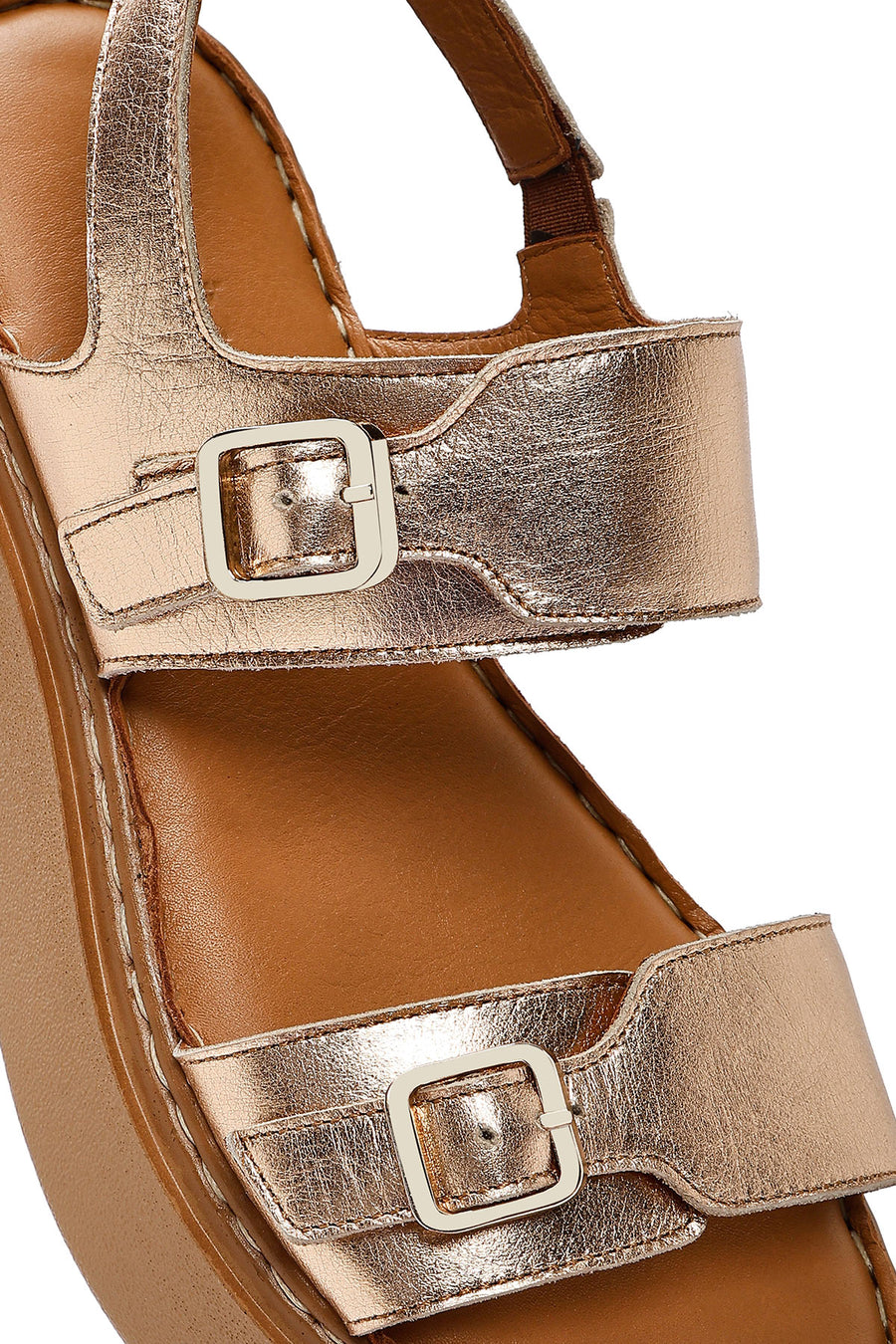 Women's Bronze Buckled Thick Soled Metallic Leather Comfort Sandals