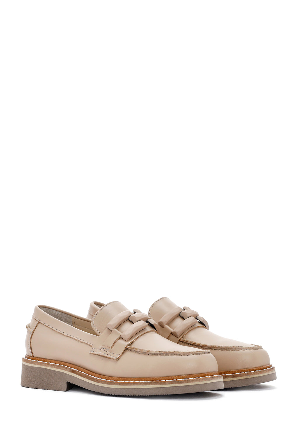 Kadın Bej Deri Maskülen Loafer