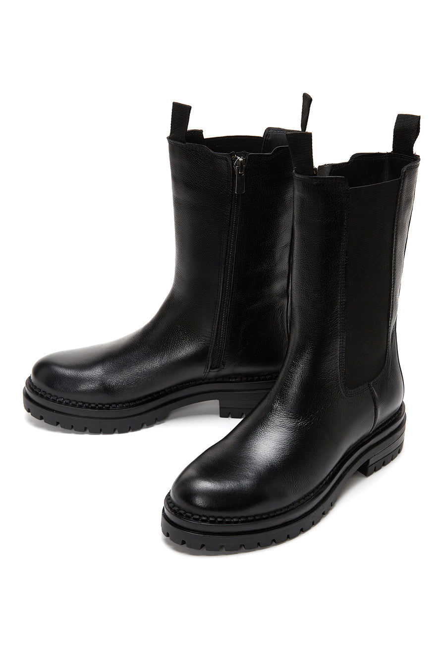 Women's Black Leather Zippered Flat Boots