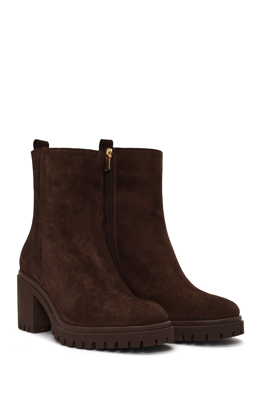 Woman Brown Zip Closure Chunky-Heeled Suede Leather Boots