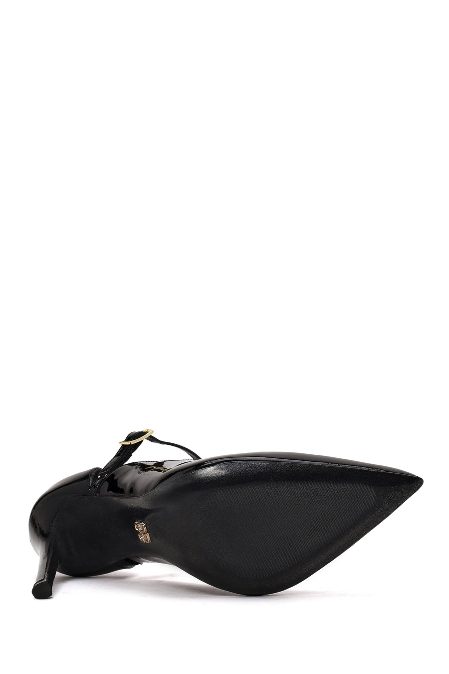 Woman Black Buckled High Thin-Heeled Patent Leather Leather Shoes