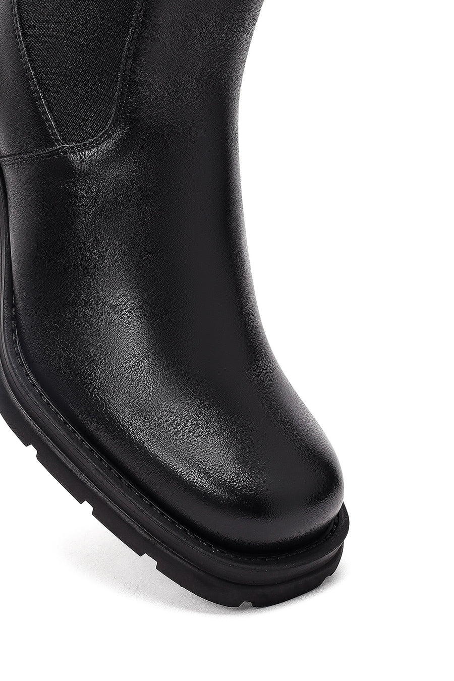 Woman Black Zip Closure Thick-Heeled Leather Boots
