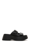 Women's Black Leather Double Buckle Thick Soled Slippers | Derimod