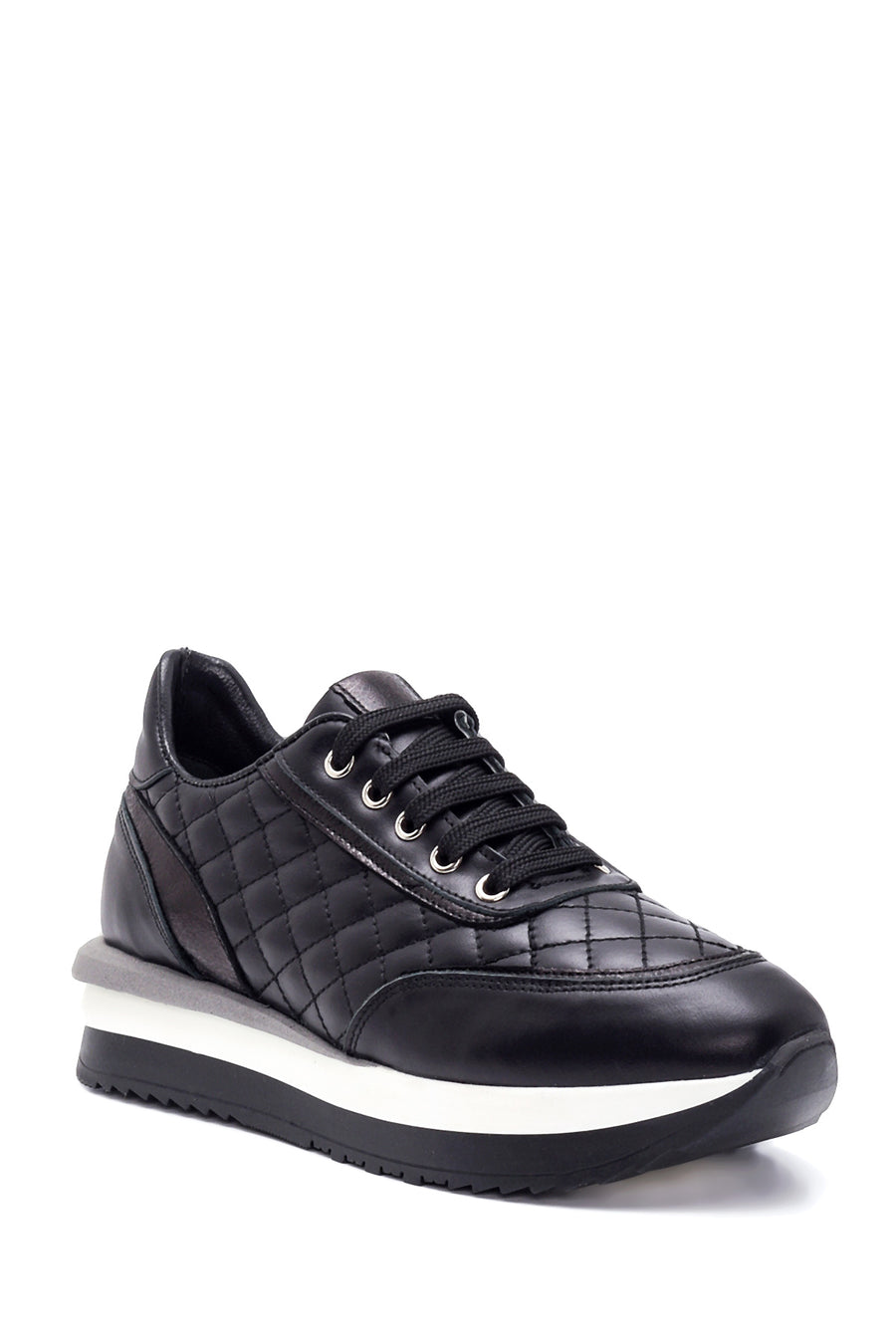 Kadın Siyah Deri Kalın Tabanlı Sneaker